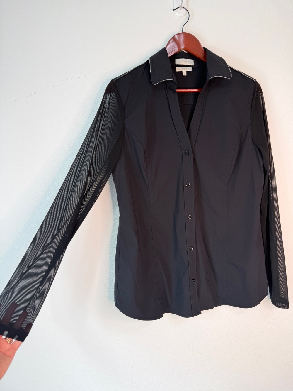 Anatomie Beth Black Button Front Shirt Blouse Mesh Sleeves Large Made in Italy
